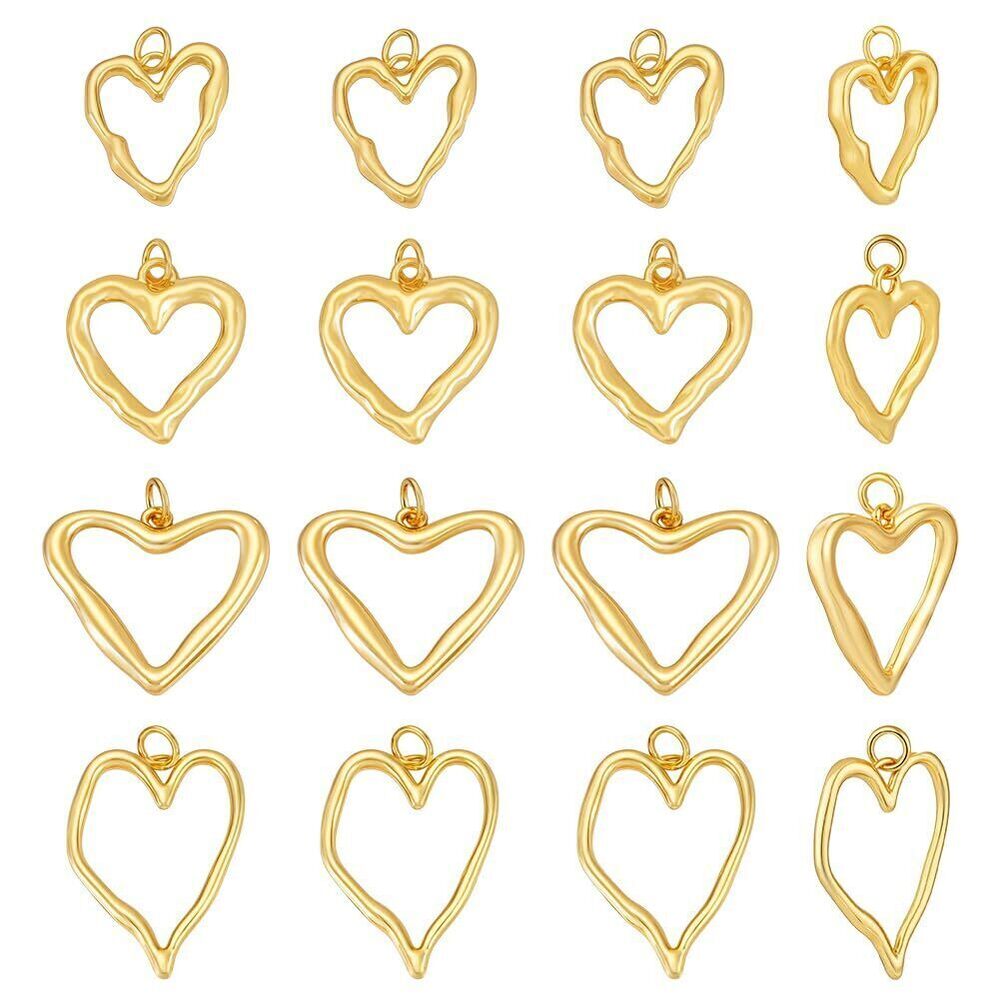 3376 14pcs Real 18K Gold Plated Brass Heart Charms Hollow Heart Charms, 4